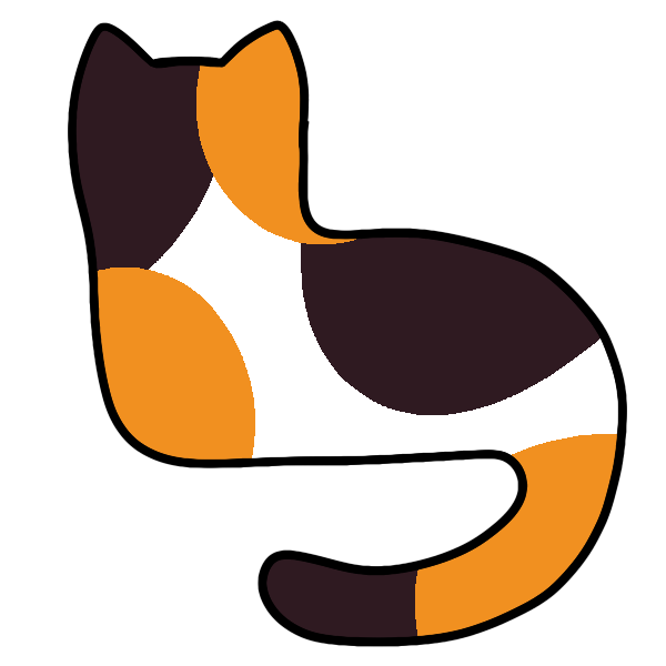 silhouette of a cat lying down with its head up and tail curved below. it's white with big orange and black splotches